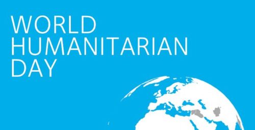 outline of globe in the bottom right corner against a blue background with the words World Humanitarian Day written in the upper left-hand corner.