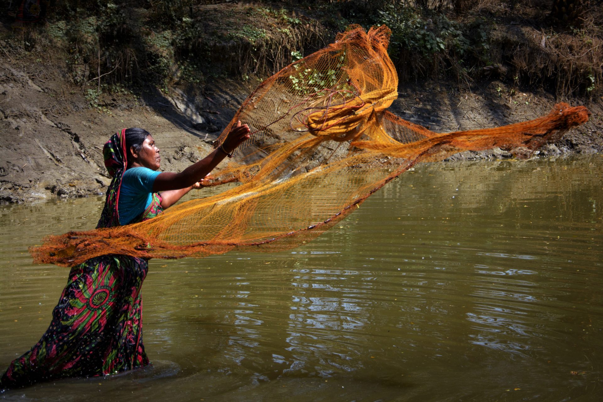 woman casts net into a green water river