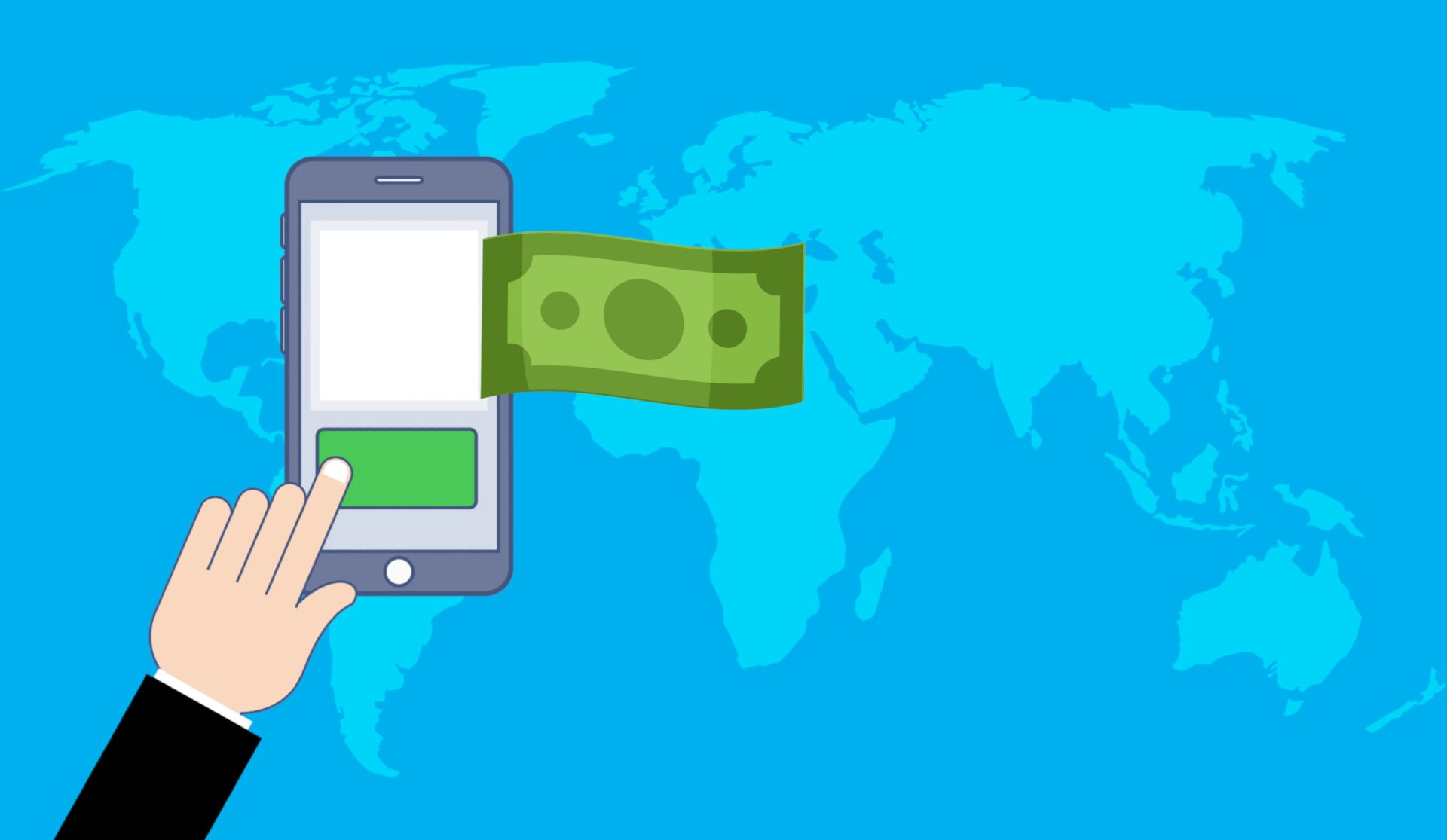 graphic showing mobile banking around the globe. A large phone positioned over a world map with a hand touching the screen indicating money being transferred.
