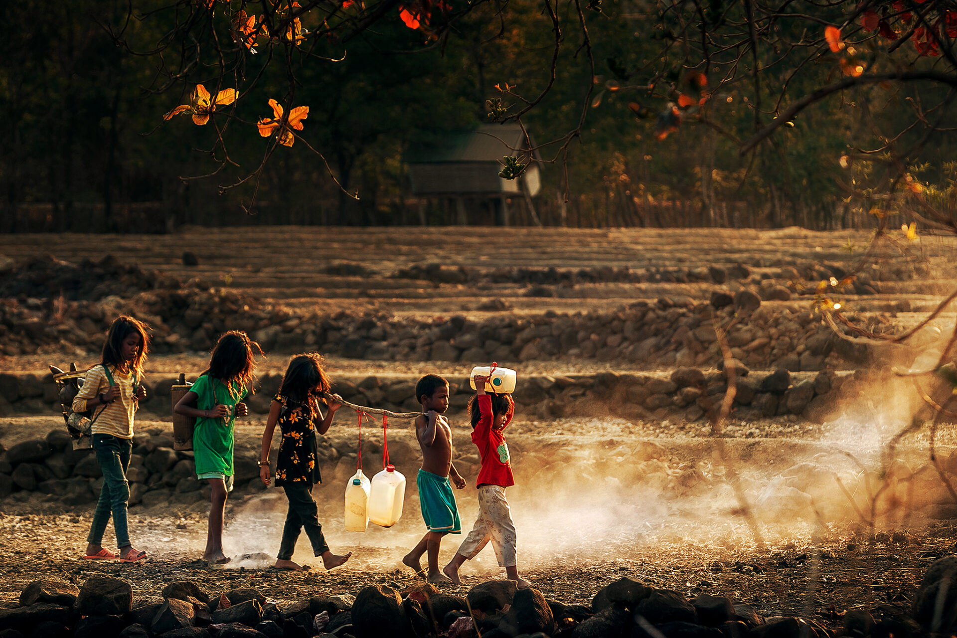 Photo of children walking to retrieve water.